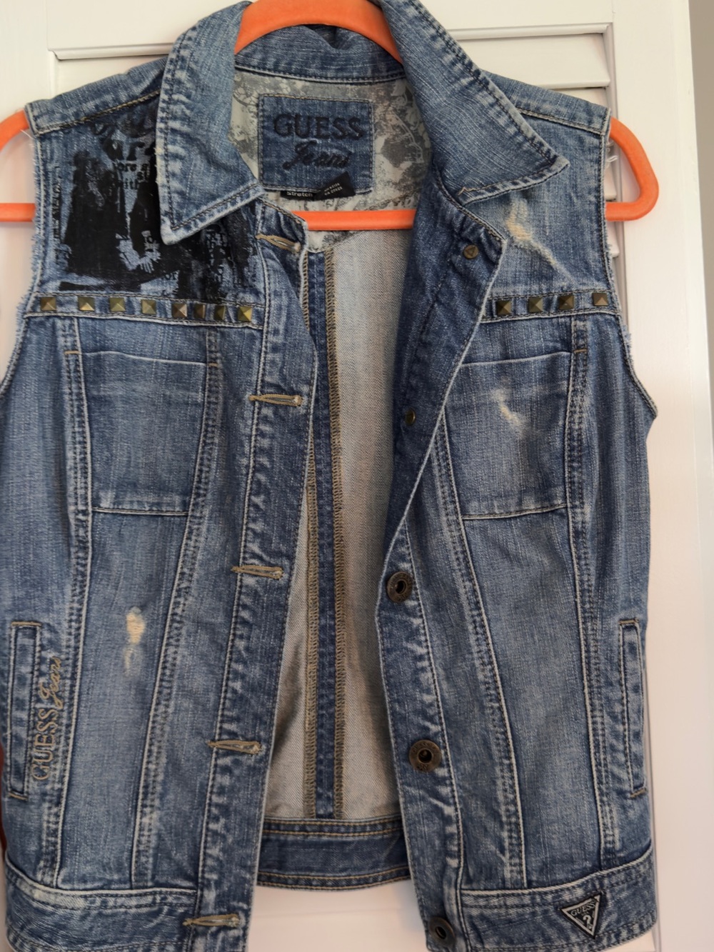GUESS Distressed Stud Denim Vest I with black graphics